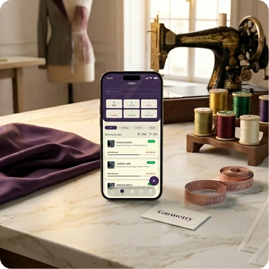 Jobs list screen on a phone in an atelier with thread spools and a sewing machine